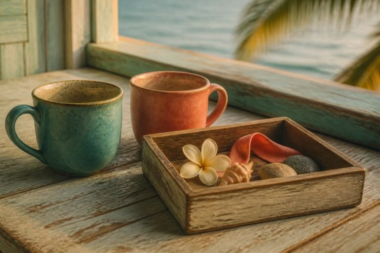 Two ceramic mugs beside an open box of flower, shell, ribbon and stones.