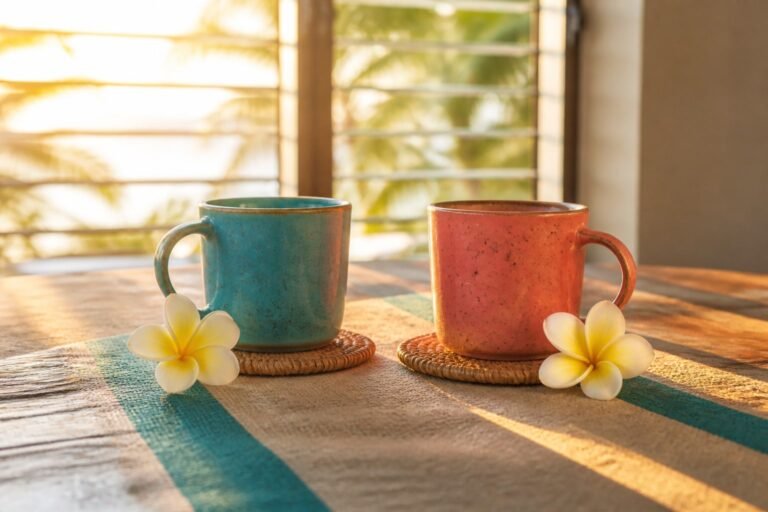 Two ceramic mugs with cream frangipani on woven coasters at sunrise.