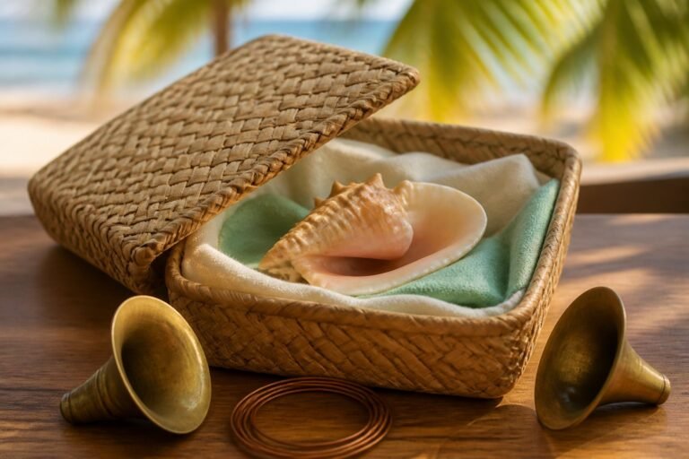 An open seashell protected in a lined woven box with its lid partly raised.