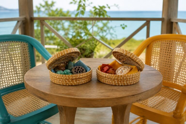 Two open woven baskets revealing distinct personal objects between cane chairs.