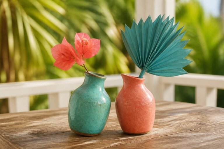 A turquoise and coral vase each holds a stem in the other vessel’s colour.