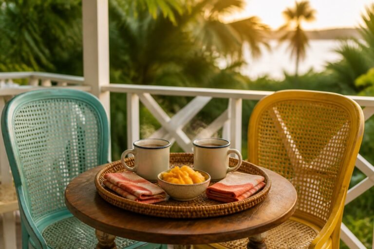 Two steaming enamel cups, folded napkins and mango on a shared woven tray.