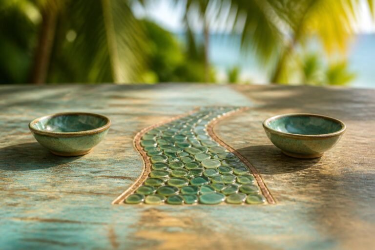 Two ceramic bowls beside a path of small sea-green tiles edged in copper.