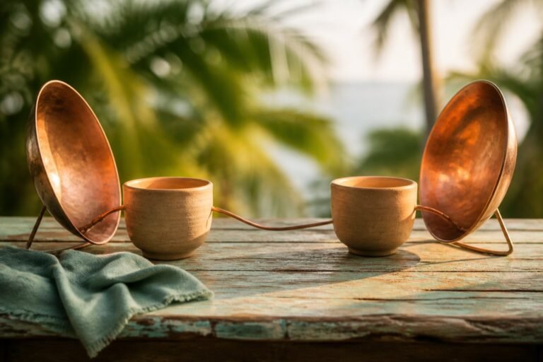 Two clay cups lit by polished copper reflectors on a weathered table.