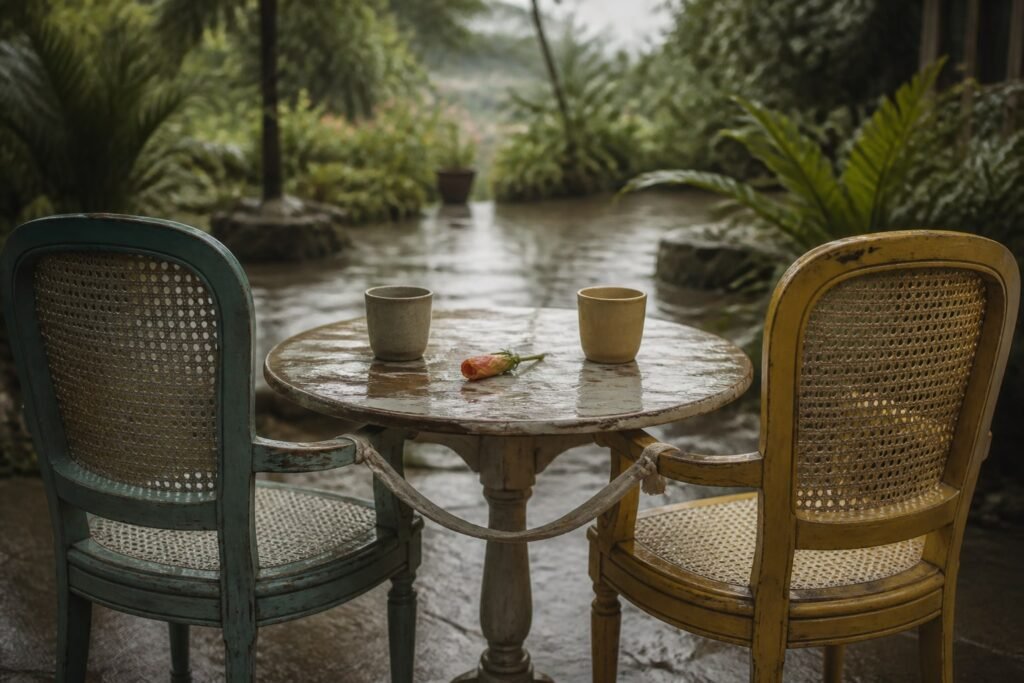 Two weathered cane chairs and plain cups beside an unopened hibiscus bud after rain.