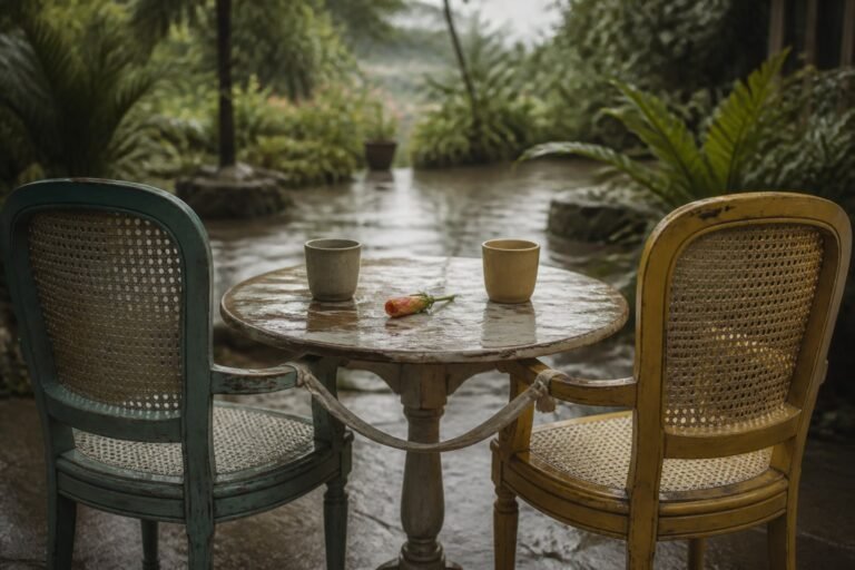 Two weathered cane chairs and plain cups beside an unopened hibiscus bud after rain.