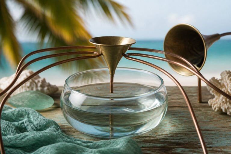 Copper channels converging on a brass funnel above a clear water bowl.