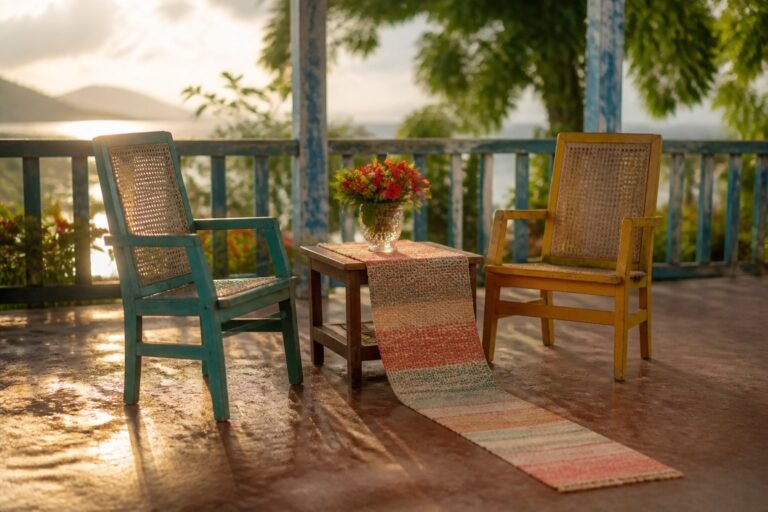 Two cane chairs connected across a verandah by a long handwoven runner.