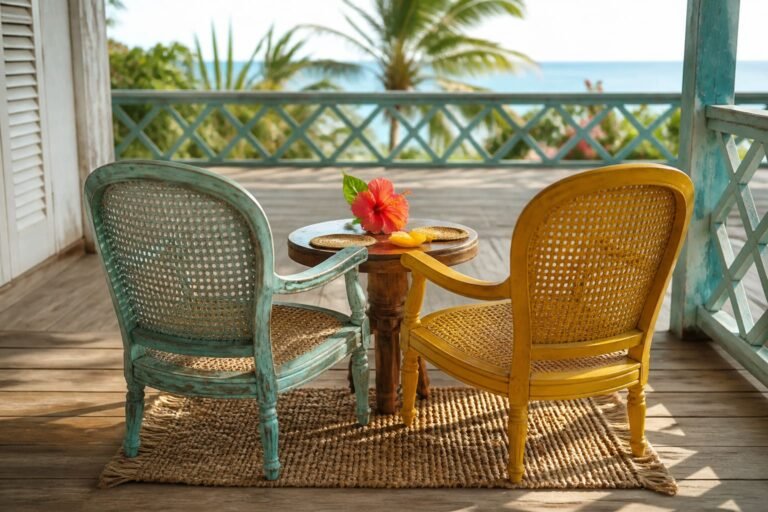 Two cane chairs gathered on one rug beside a coral hibiscus and mango.