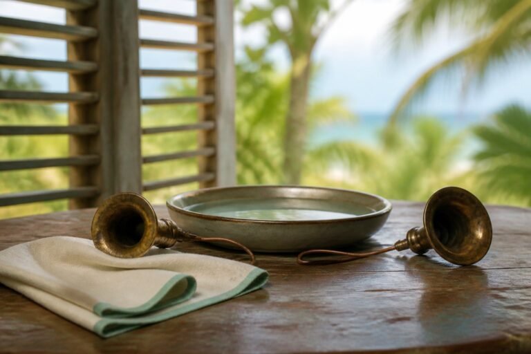 Two brass listening horns laid down beside a still water bowl in morning light.