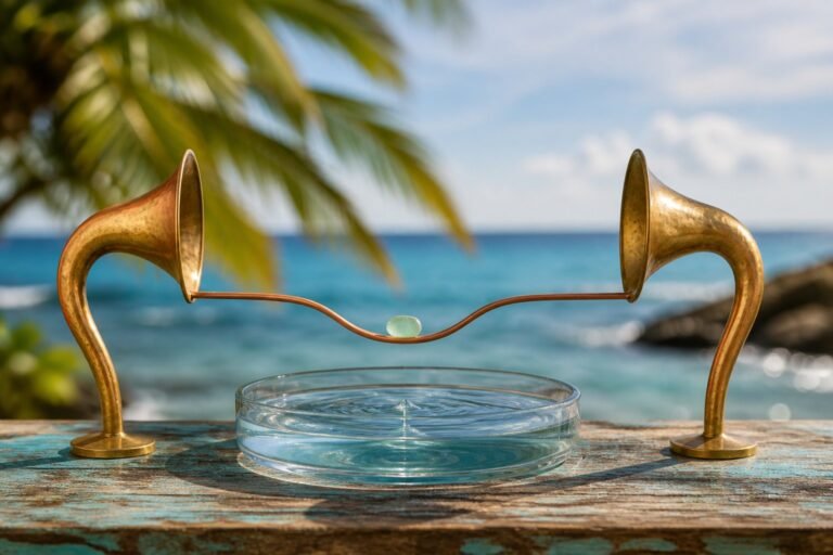 Two upright brass listening horns joined by copper wire above meeting water ripples.