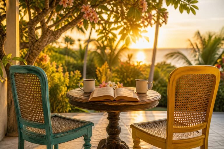 Two cane chairs beside an open Bible and enamel cups beneath a flowering tree.