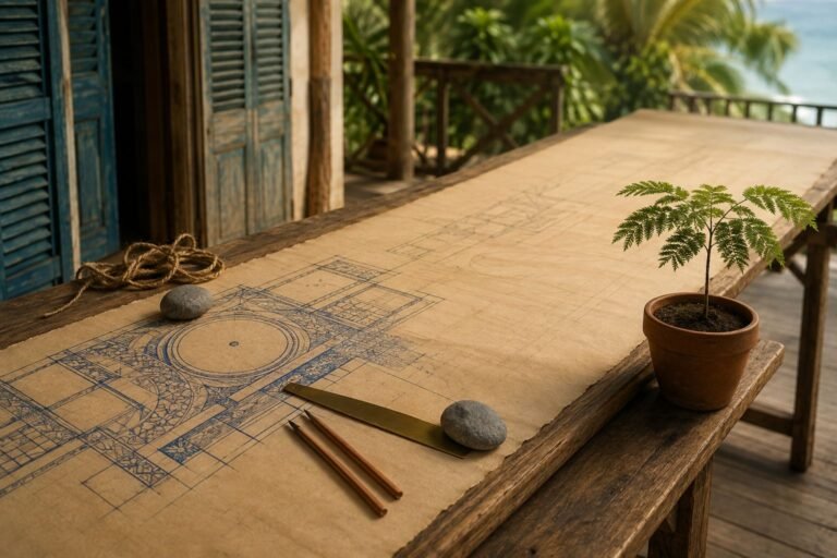 A plan running off the end of a table towards a young flamboyant seedling in a clay pot.