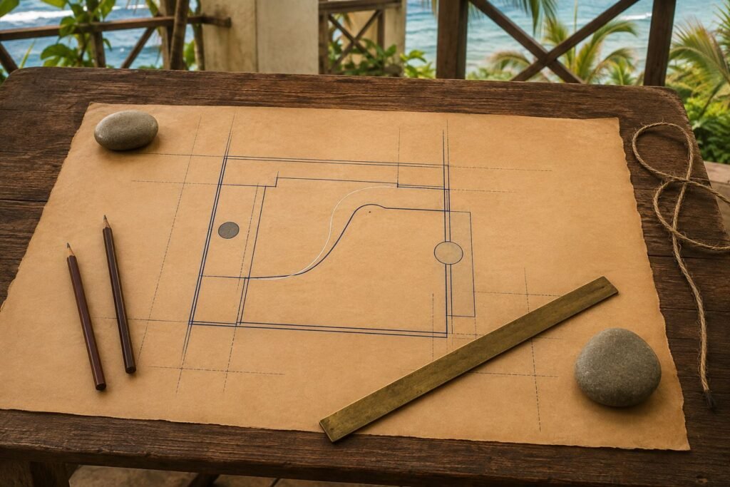 A ruled indigo line beside a curving chalk line, with the brass straightedge set down loose.