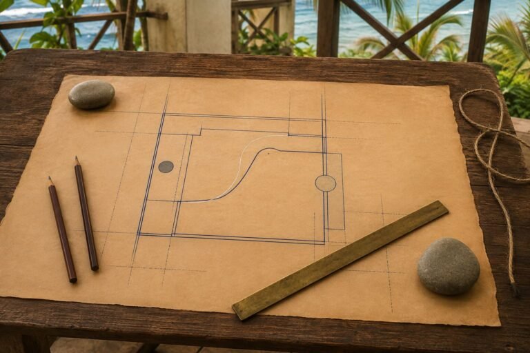 A ruled indigo line beside a curving chalk line, with the brass straightedge set down loose.