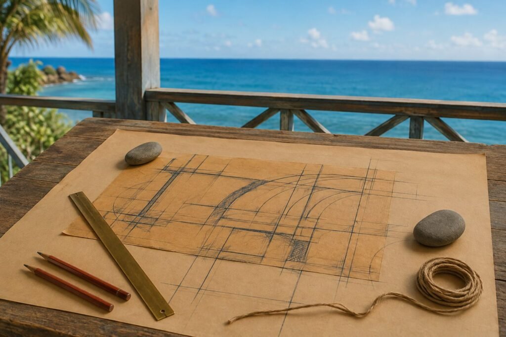 A drawn plan continuing onto a large blank sheet, with open sky beyond a verandah rail.