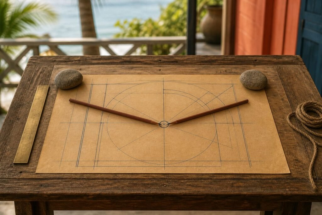 Two cedar pencils meeting at a single circled point on a drawn plan.