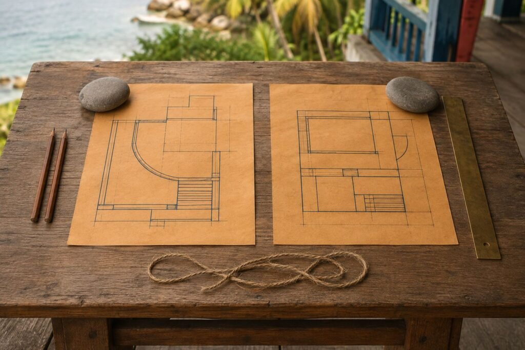 Two different small plans side by side on a teak table, each weighted by a grey stone.