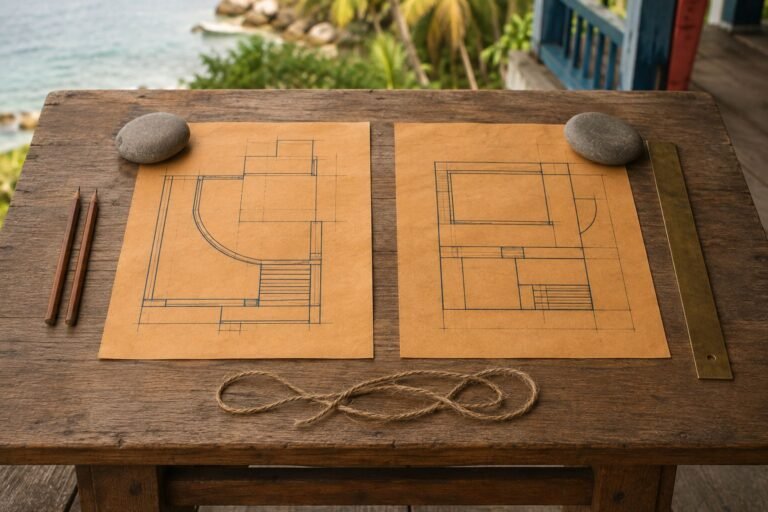 Two different small plans side by side on a teak table, each weighted by a grey stone.
