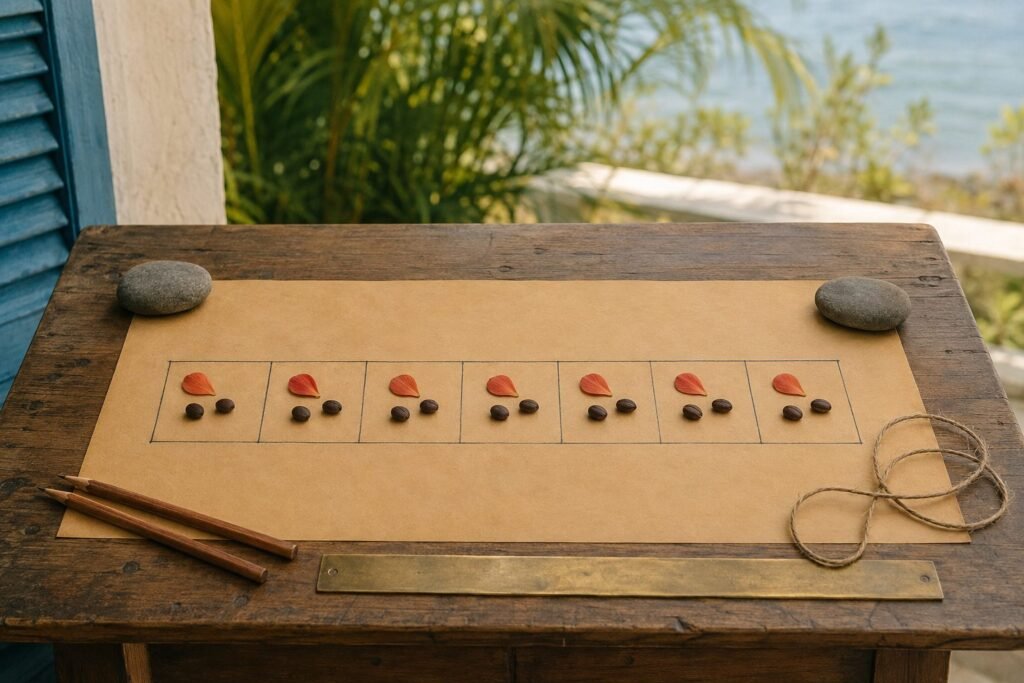 A grid of seven pencilled squares, each holding the same few tamarind seeds and a coral petal.