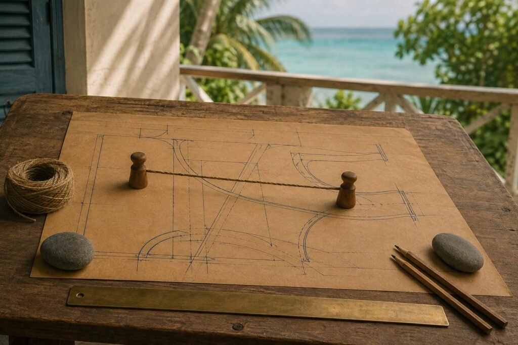 Two carved cedar markers joined across a drawn plan by a taut length of jute twine.