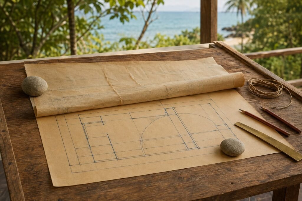 A creased sun-faded sheet unrolled over a newer plan, one stone holding each.