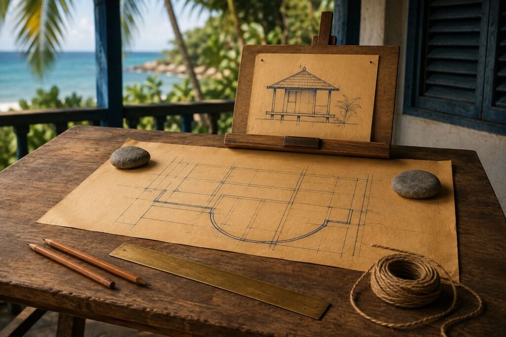 A small drawing propped upright on a cedar easel and braced, in front of an open plan.