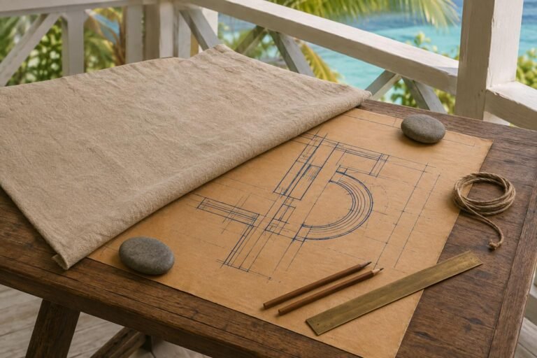 An unbleached cloth drawn part way back from a plan to reveal the detail beneath.