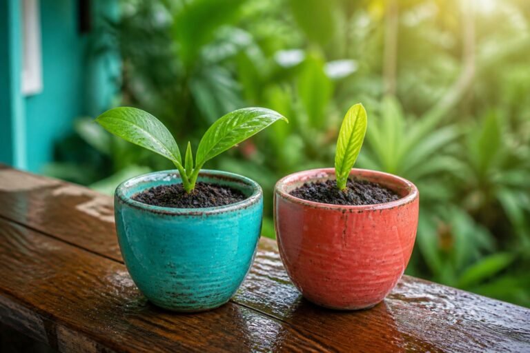 Two ceramic pots hold young tropical seedlings with fresh leaves after rain.