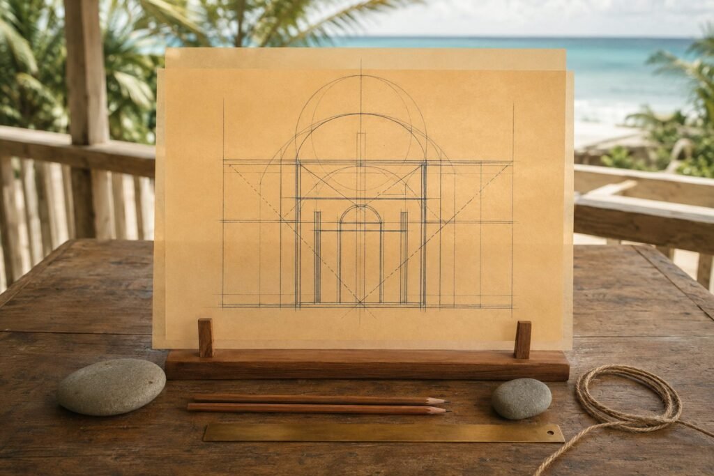 Two translucent drawings held against the light so their lines register as one.