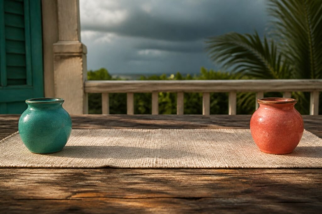 Two ceramic vessels remain connected by one cream runner beneath storm clouds.