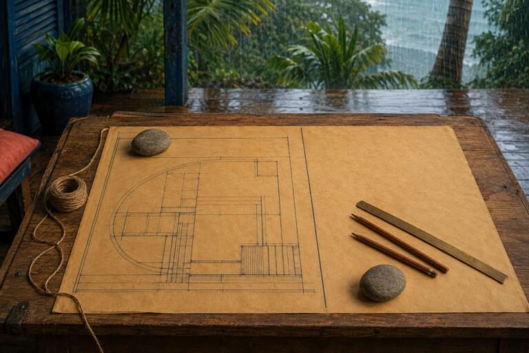 A plan half drawn and half blank, with rain darkening the verandah edge beyond.