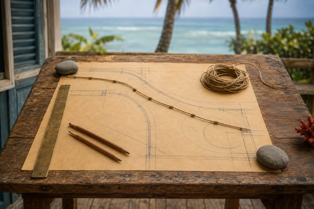 Knotted jute twine stretched along a drawn route beside a brass straightedge.