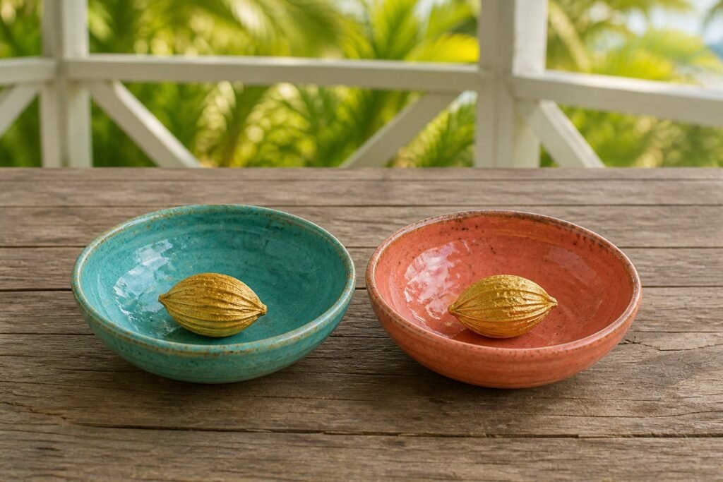 Two open ceramic bowls each hold one golden seed pod.