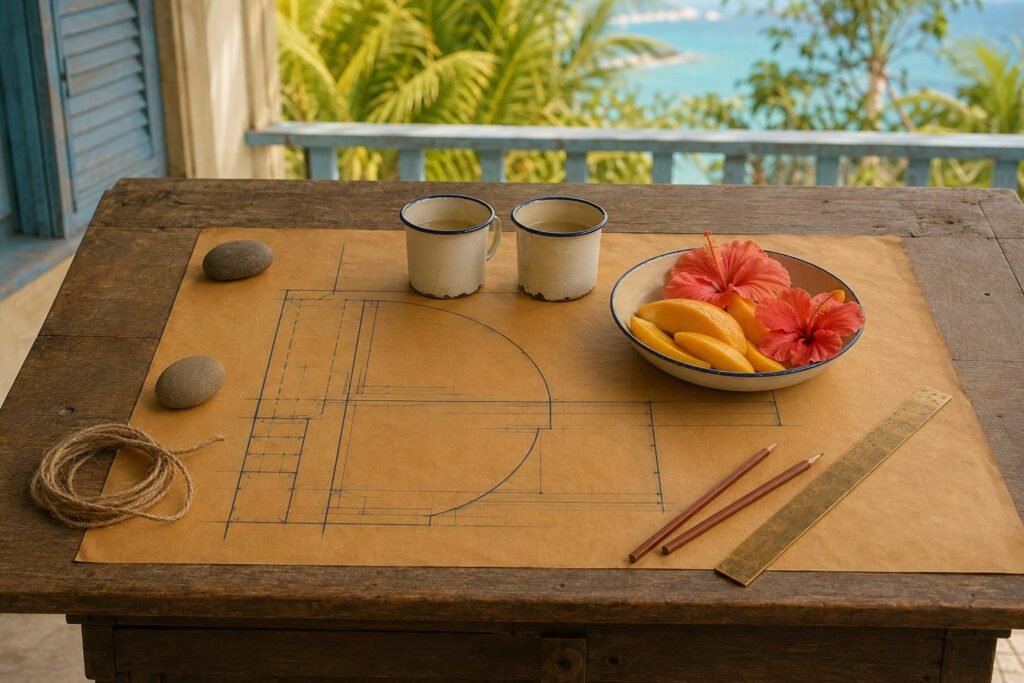 Two enamel cups and a bowl of mango and hibiscus set on a finished section of a plan.
