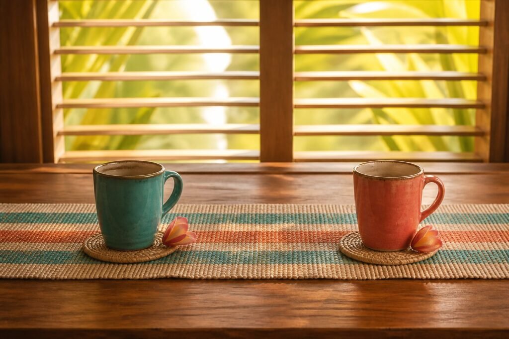 Two ceramic mugs rest on a turquoise, coral and cream woven runner.