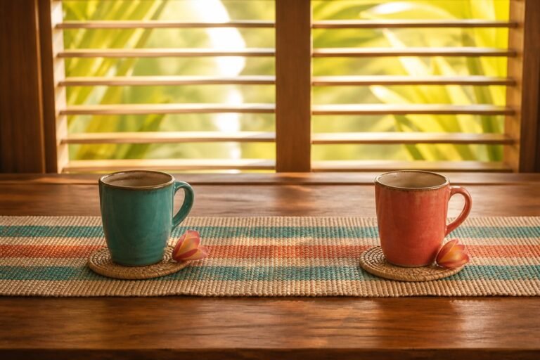 Two ceramic mugs rest on a turquoise, coral and cream woven runner.