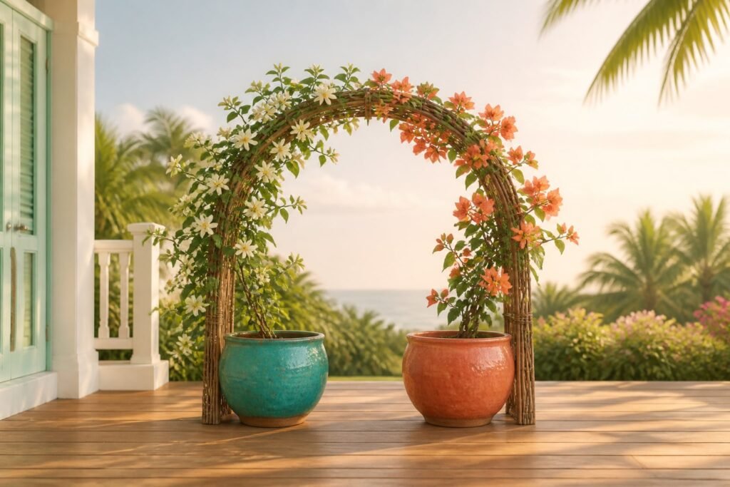 Two flowering plants from turquoise and coral pots share one rounded cane arch.