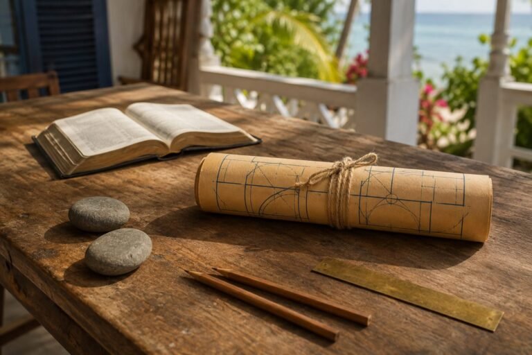 A plan rolled and tied with twine beside an open Bible on a cleared teak table.