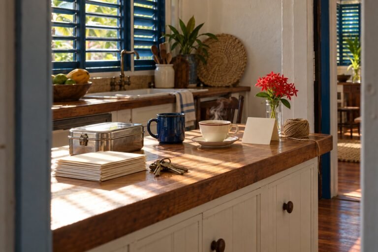 Through a kitchen doorway, a counter of envelopes and keys with one cup of tea poured and set out, steam rising.