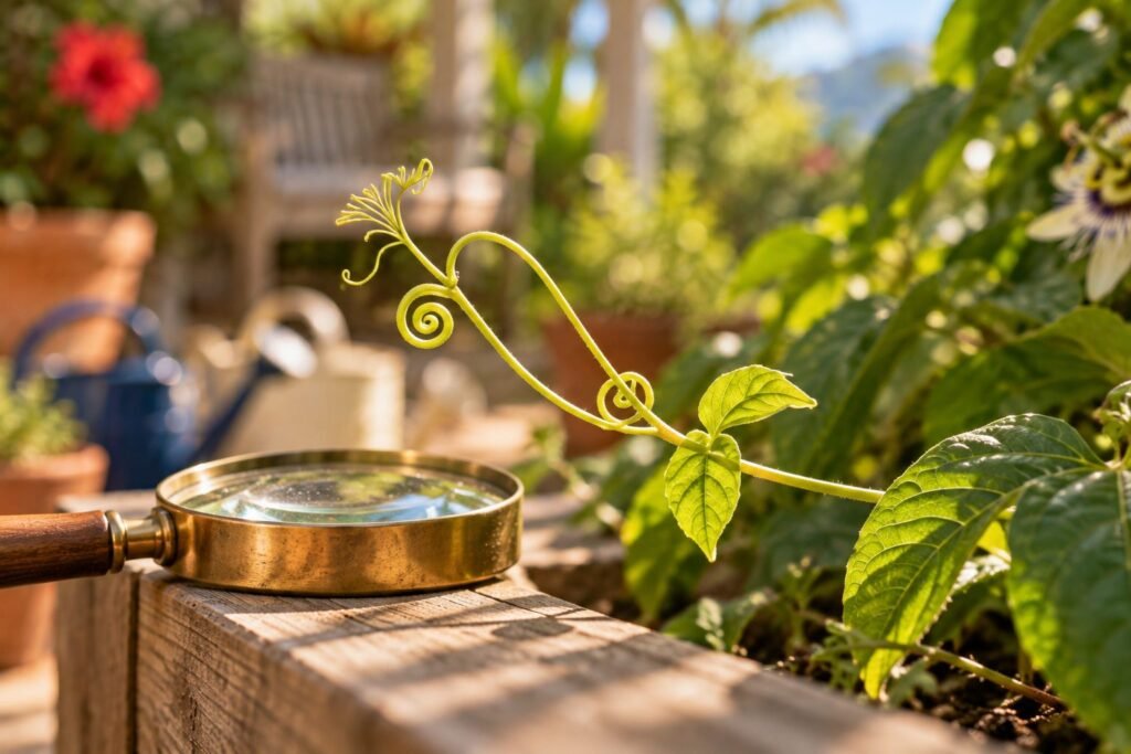 A curling passion-fruit tendril reaching out over a raised cedar bed beside a brass magnifying glass.