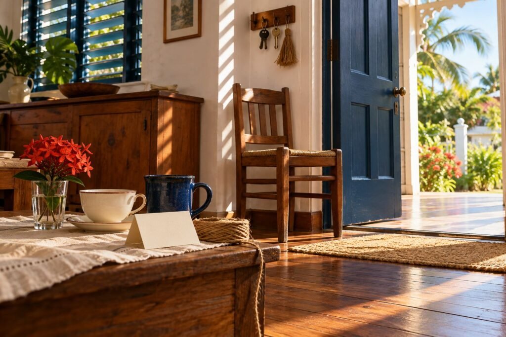 A front door open to morning light, house keys still on their hook and a chair drawn up beside the door.