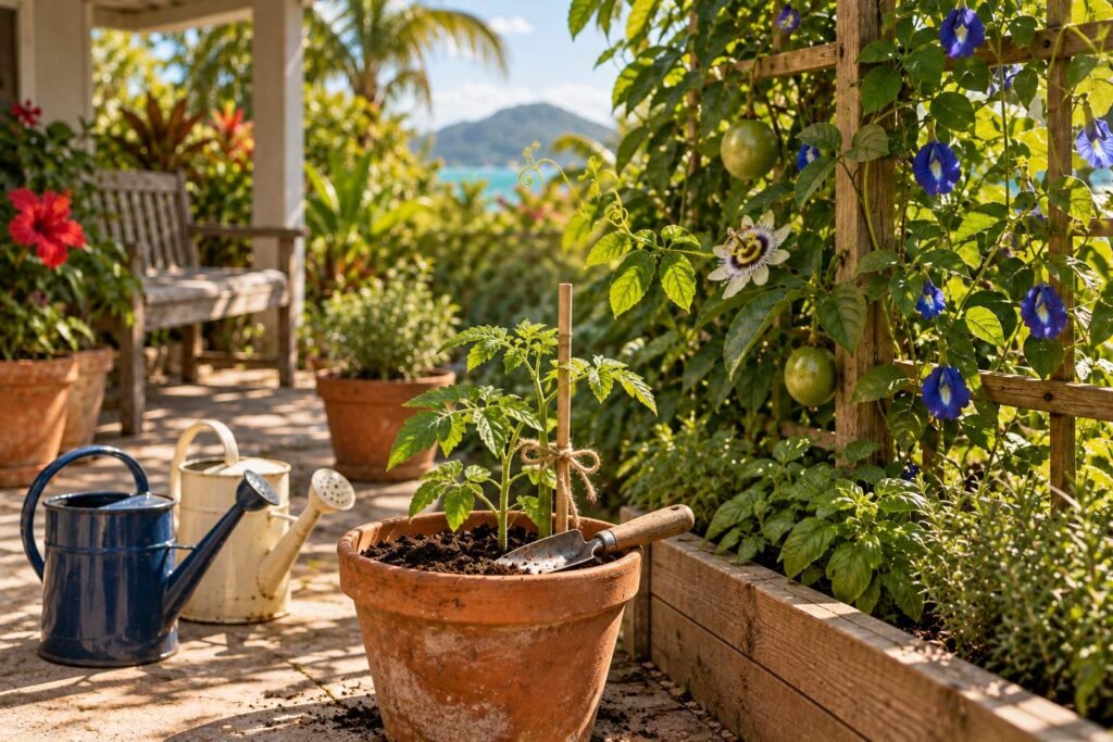 A freshly repotted seedling staked and tied in a terracotta pot, a trowel resting beside it.
