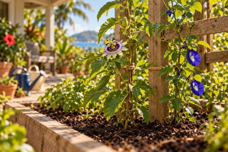 Two young vines, a passion flower and a butterfly pea, tied with the same twine to one cedar trellis.