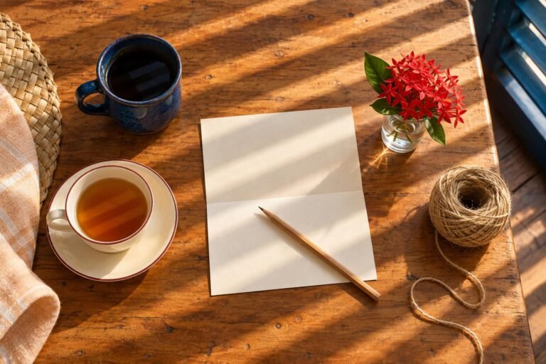 Seen from above, a blank folded note card and a pencil on a pine table, with a sprig of red ixora in striped light.
