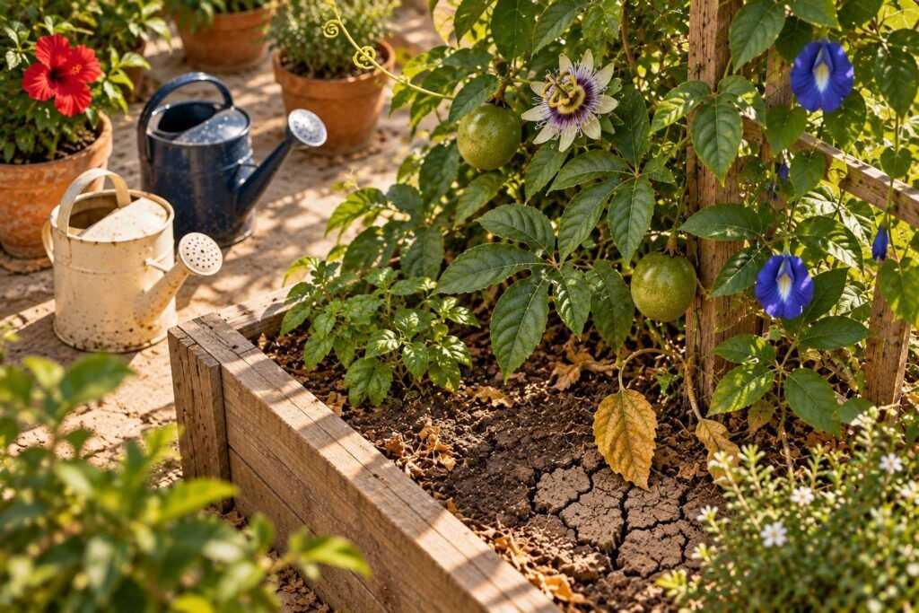 A garden bed seen from above, one corner of soil cracked and dry with a yellowing leaf, two watering cans nearby.