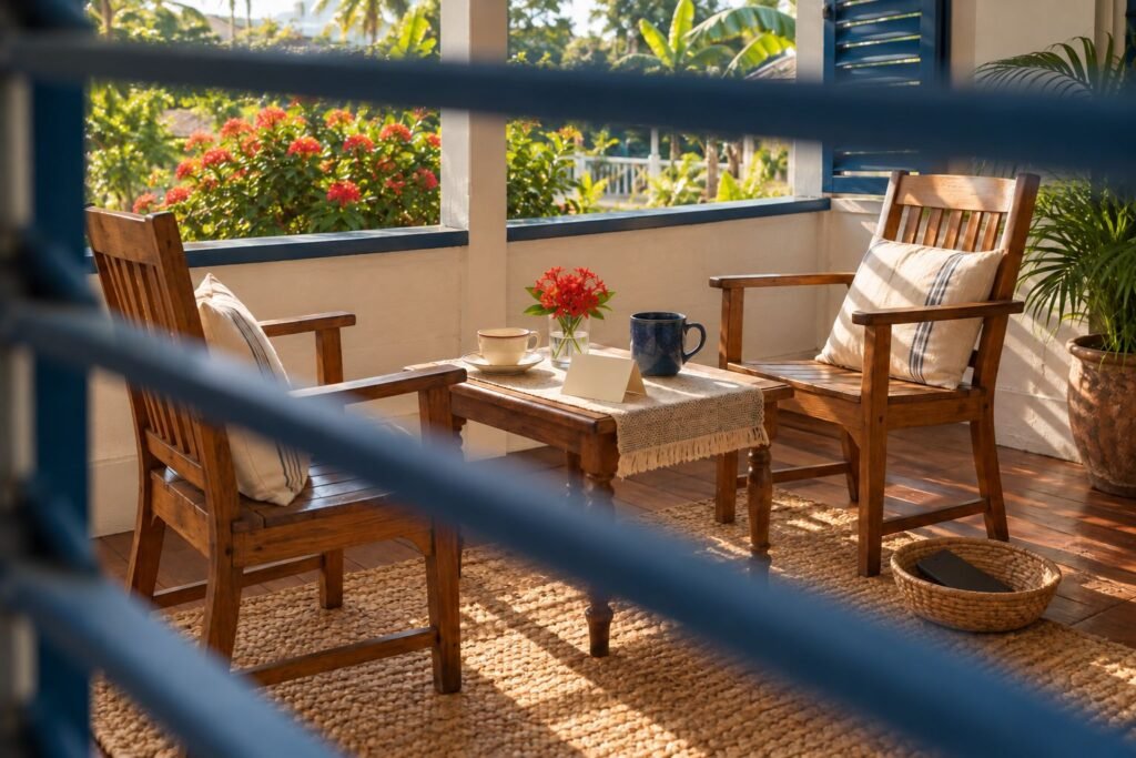 Through blue louvres, two chairs and two cups on a morning gallery, a phone face down in a basket nearby.