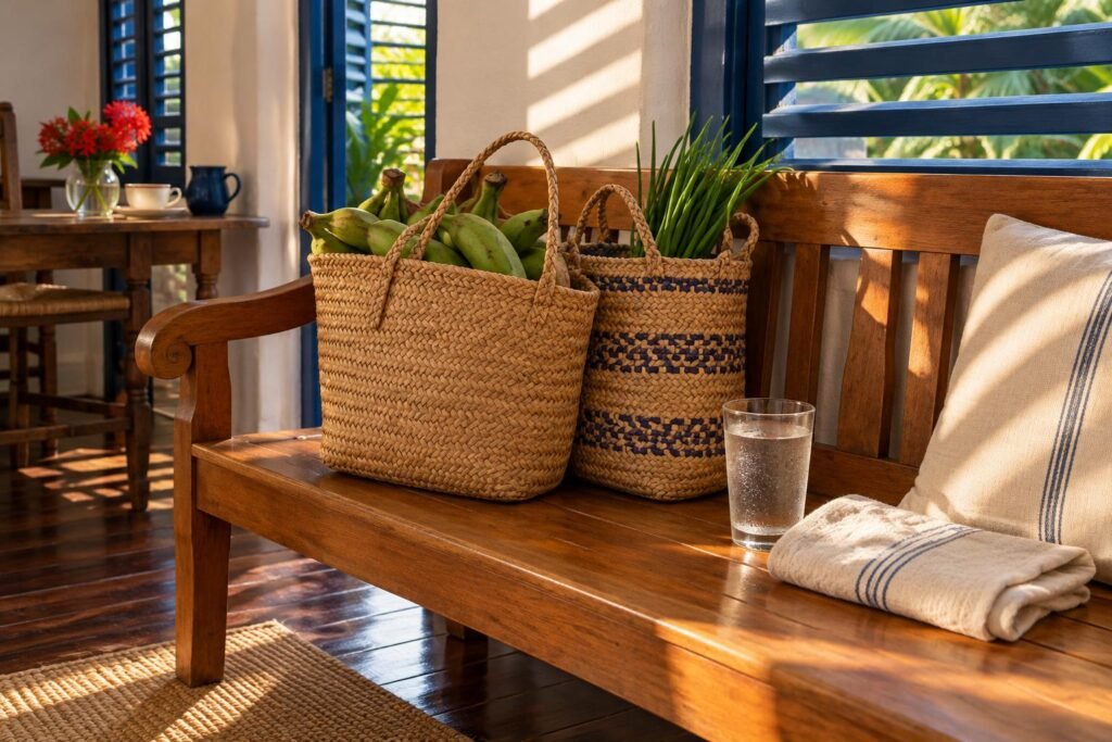 Woven market bags set down on a bench by the door, a glass of water and a folded towel left ready beside them.