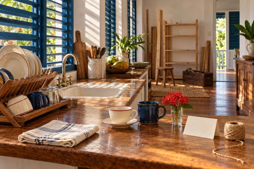 A kitchen with washed dishes drying in a rack and the counter wiped, a half-built shelf waiting in the background.