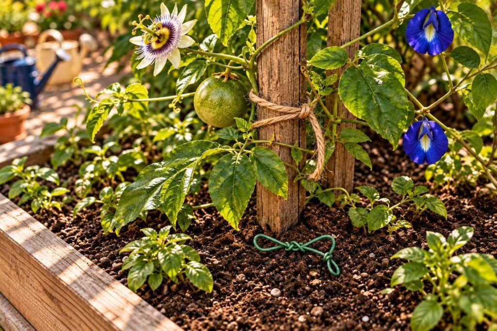 A passion-fruit vine tied loosely to a cedar stake with a soft loop of jute twine, a green wire tie lying on the soil below.